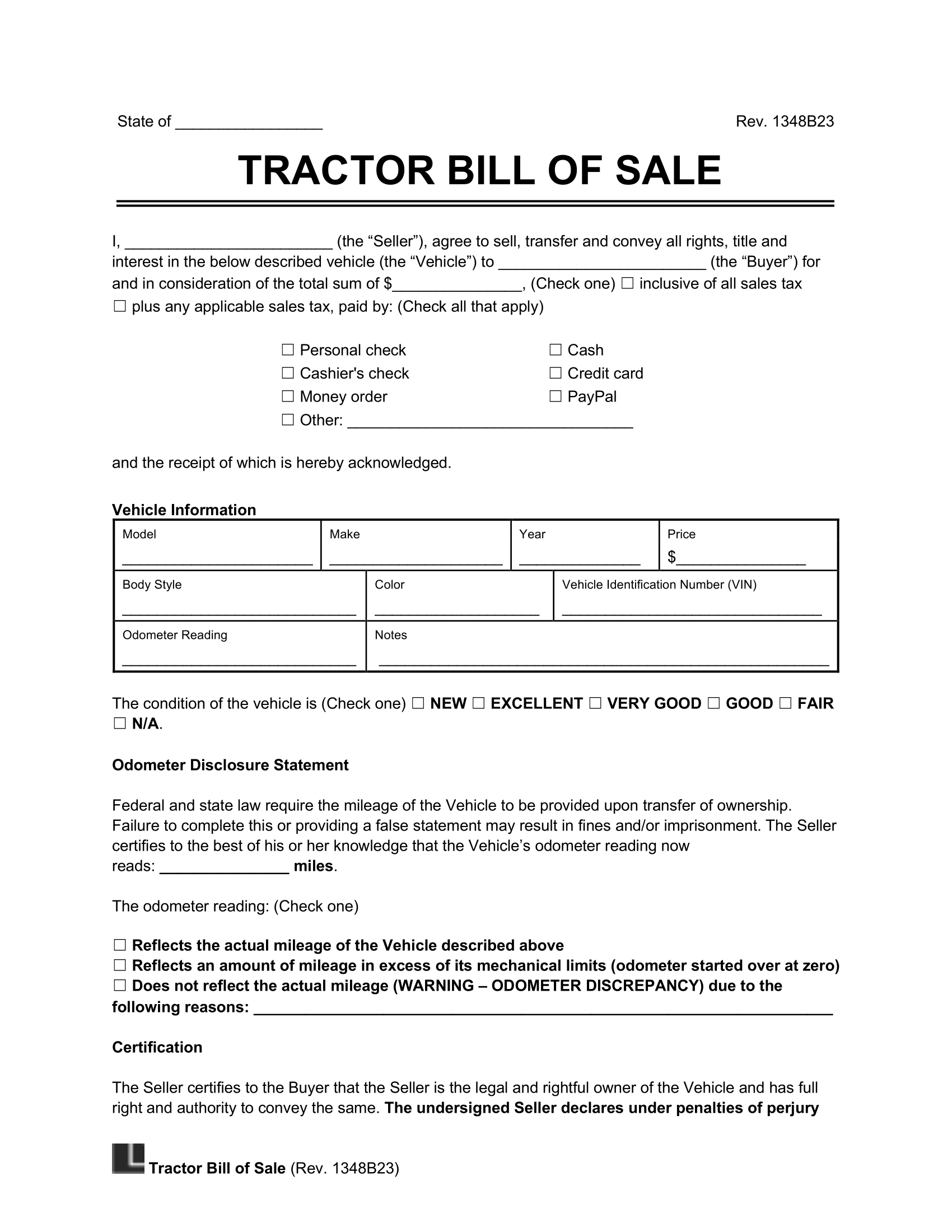 Free Tractor Bill Of Sale Form | Pdf & Word with regard to Free Printable Bill of Sale For Tractor
