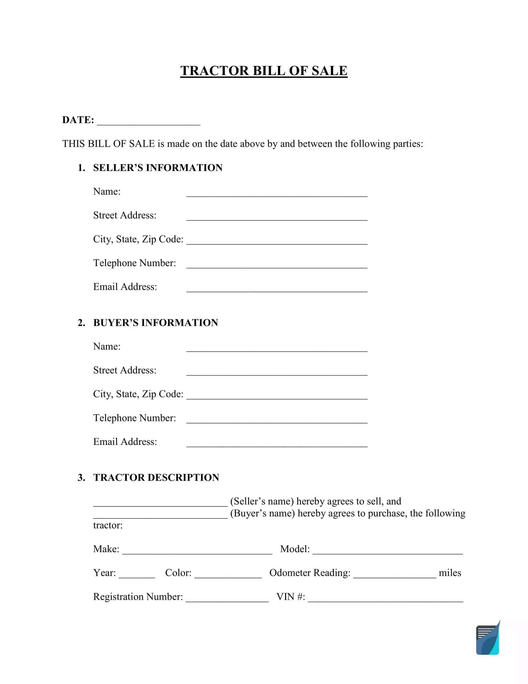 Free Tractor Bill Of Sale Form Template | Formspal with regard to Free Printable Bill of Sale For Tractor