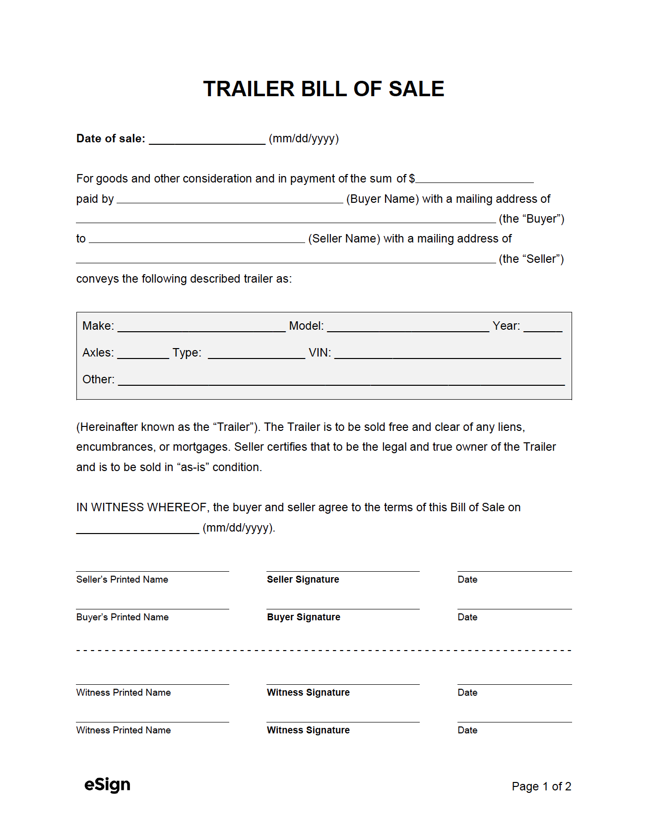 Free Trailer Bill Of Sale Form | Pdf | Word with Printable Bill Of Sale Trailer