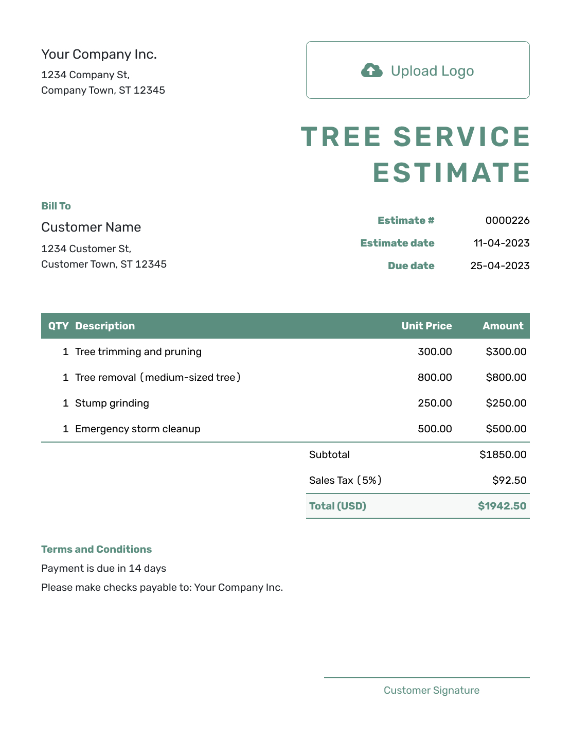 Free Tree Service Estimate Template | Docelf in Printable Tree Service Estimate Template