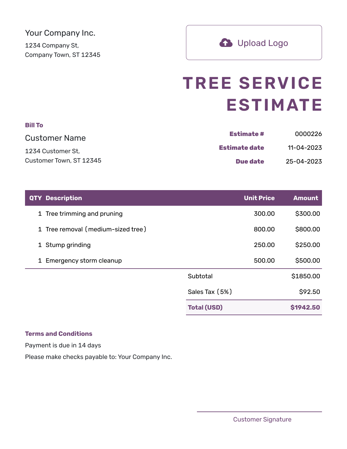 Free Tree Service Estimate Template | Docelf pertaining to Printable Tree Service Estimate Template