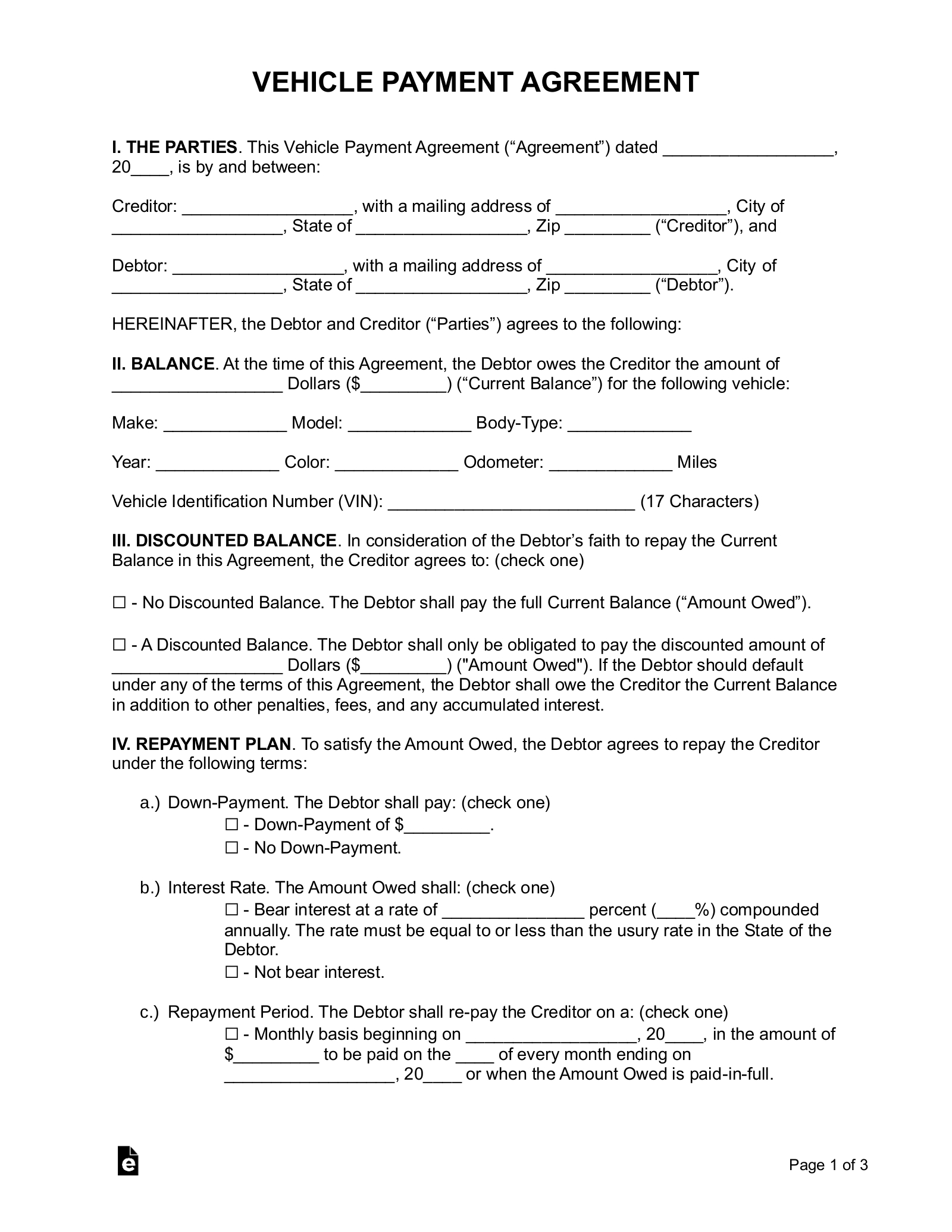 Free Vehicle Payment Plan Agreement - Pdf | Word – Eforms intended for Free Printable Contract For Taking Over Car Payments