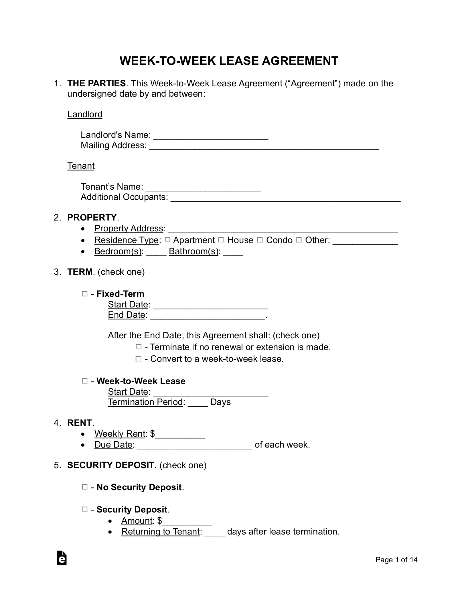 Free Week-To-Week (Weekly) Lease Agreement Template - Pdf | Word in Printable Lease Agreement Form Free