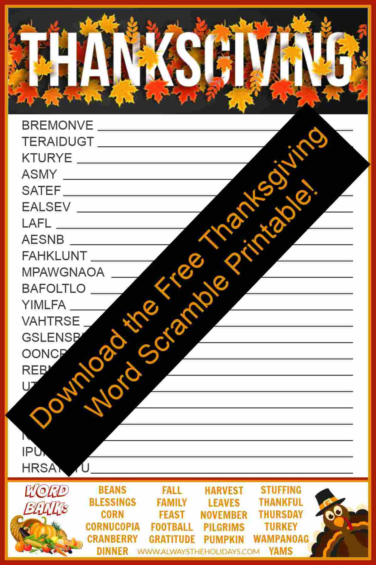 Get A Free Printable Thanksgiving Word Scramble With Answers inside Free Printable Thanksgiving Word Scramble