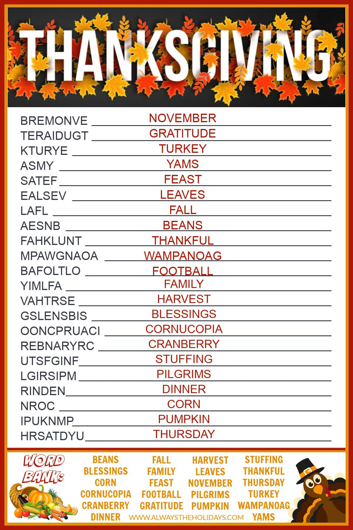 Get A Free Printable Thanksgiving Word Scramble With Answers inside Free Printable Thanksgiving Word Scramble