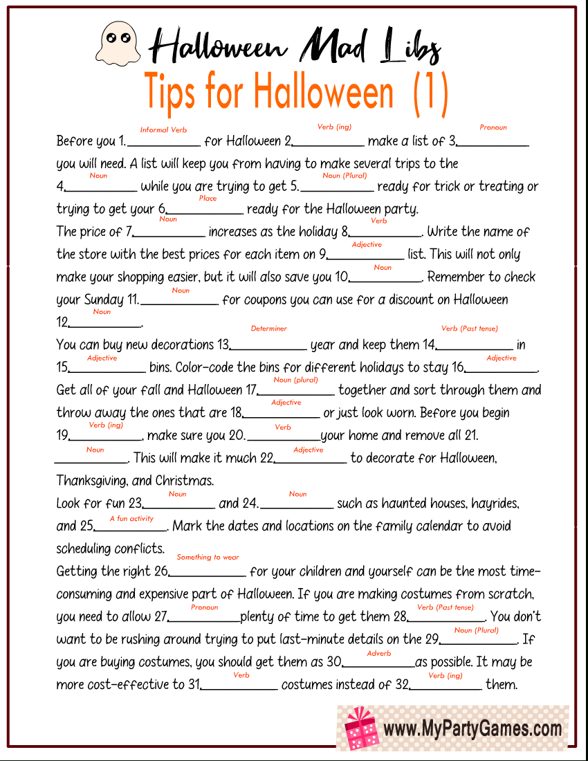 Halloween Mad Libs, A Free Printable Game throughout Mad Libs Printables For Adults