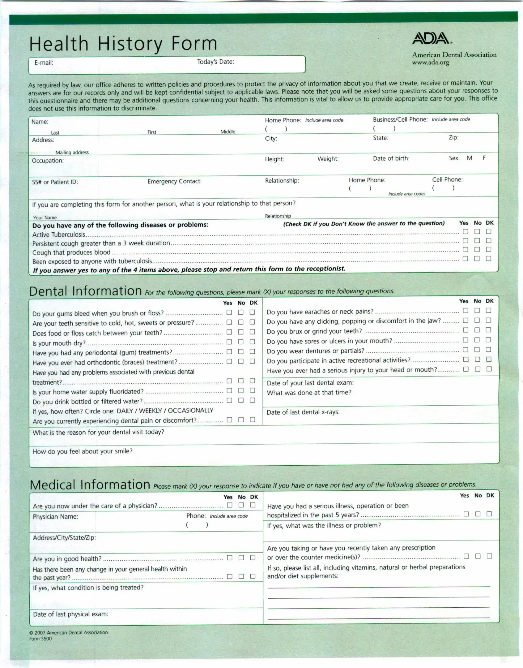 Health History Form Ada ≡ Fill Out Printable Pdf Forms Online with Free Printable Dental Health History Forms
