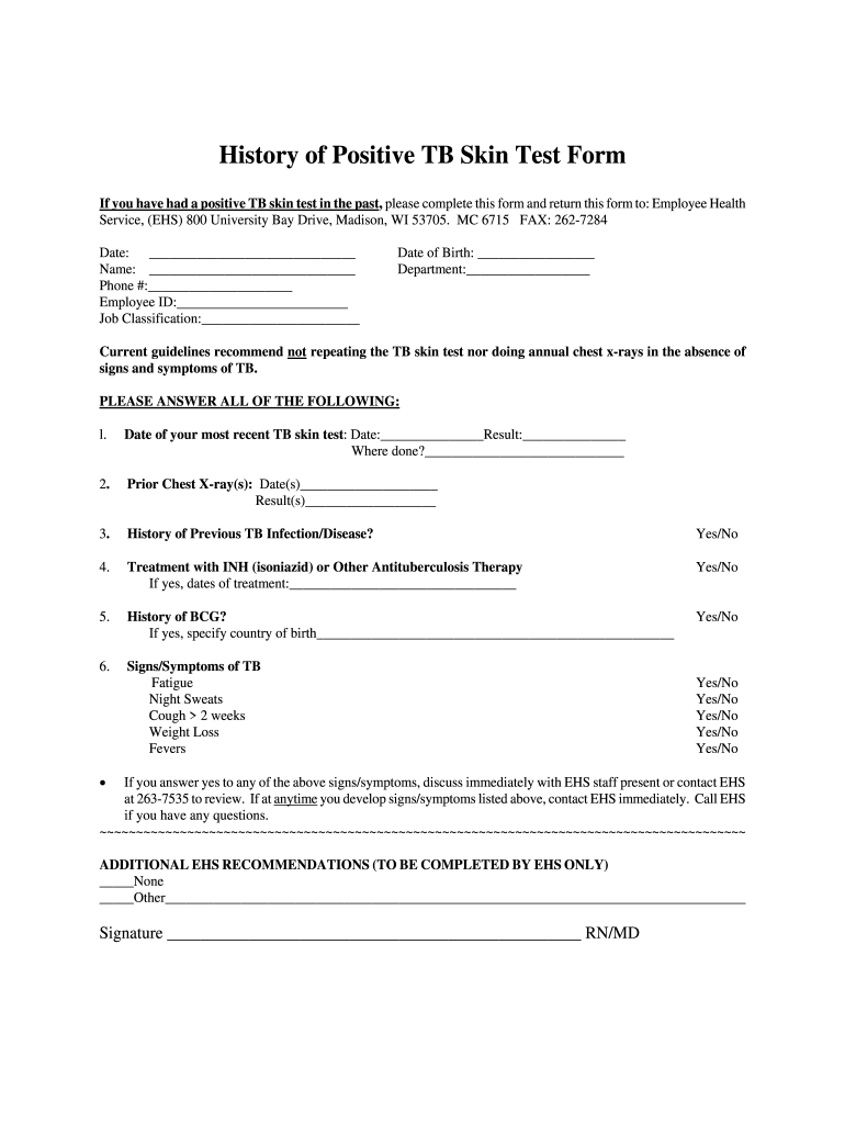 History Of Positive Tb Skin Test Form - Fill Online, Printable inside Employment Blank Free Printable Tb Test Form