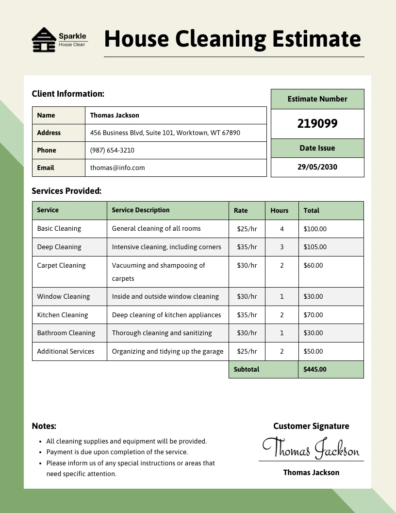 House Cleaning Estimate Template - Venngage intended for Free Printable Cleaning Estimate Forms