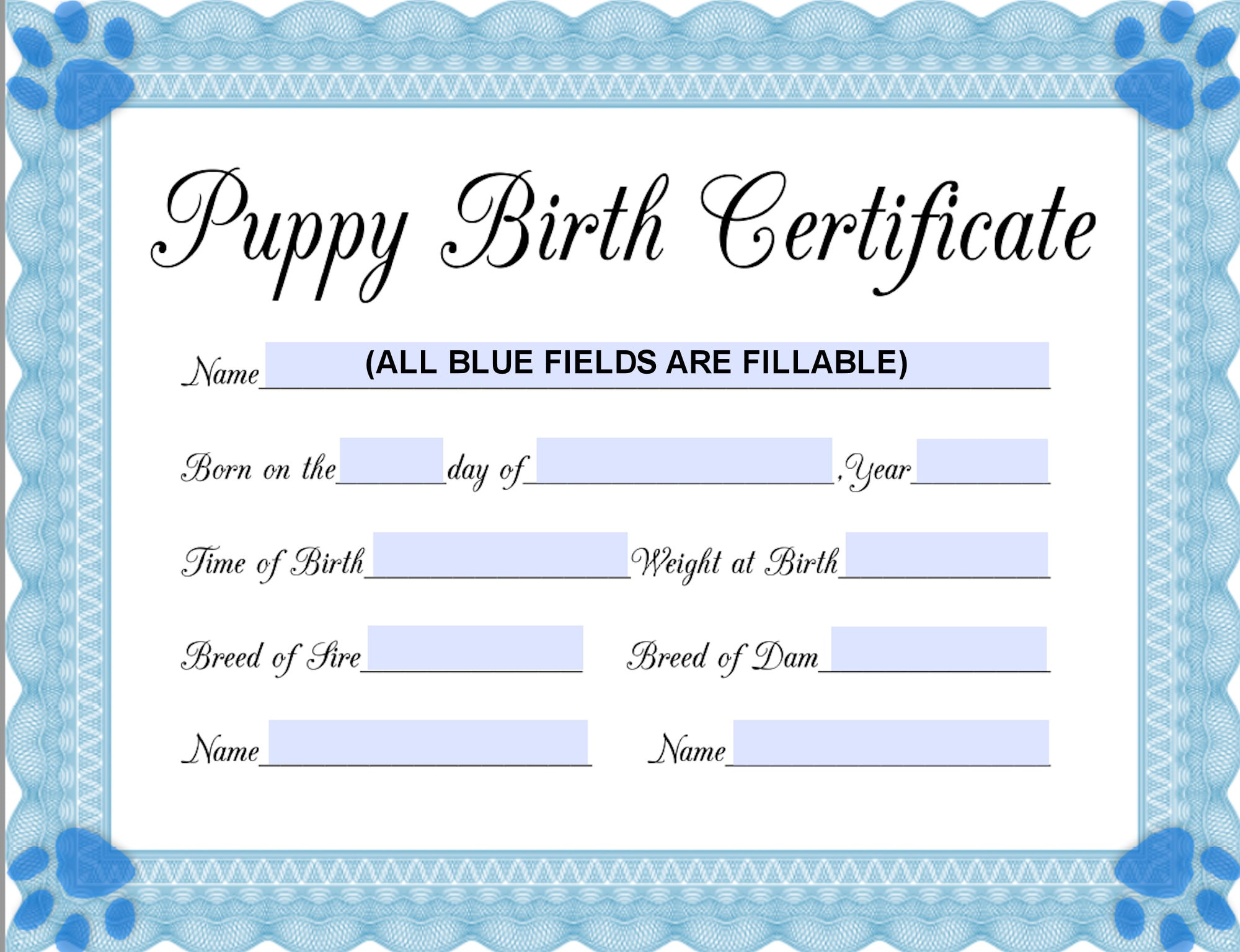 Instant Fillable Printable Pdf Puppy Birth Certificate (Blue-Male with regard to Puppy Birth Certificate Free Printable