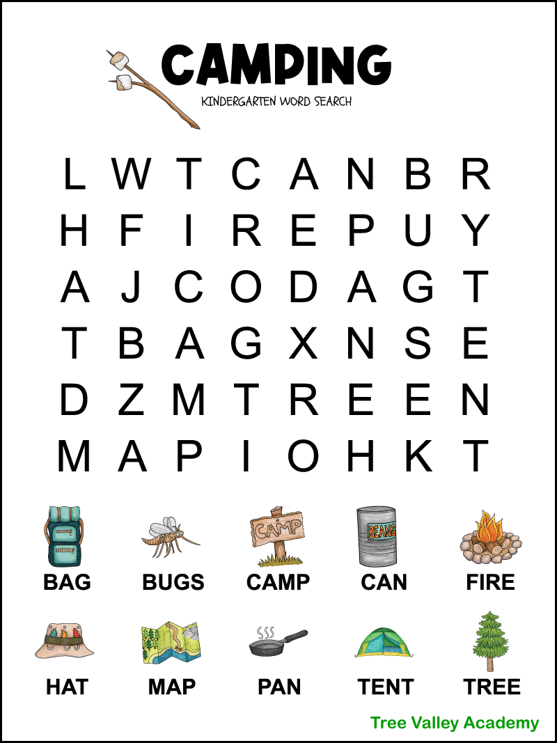 Kindergarten Camping Word Search - Tree Valley Academy with regard to Free Printable Word Search For Kindergarten