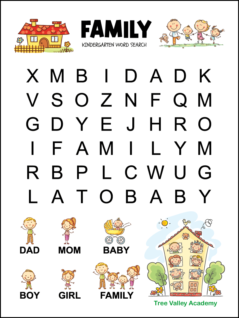 Kindergarten Family Word Search - Tree Valley Academy regarding Kindergarten Word Search Printable Free