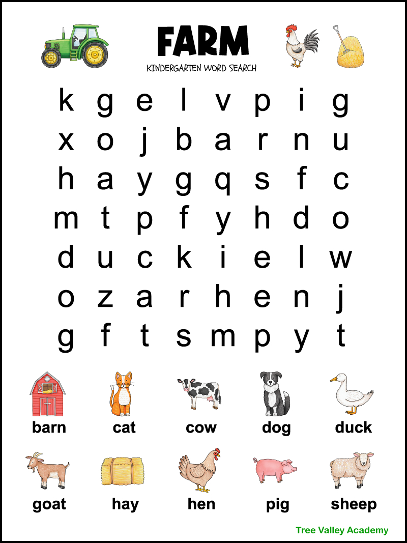 Kindergarten Farm Word Search - Tree Valley Academy for Kindergarten Word Search Printable Free