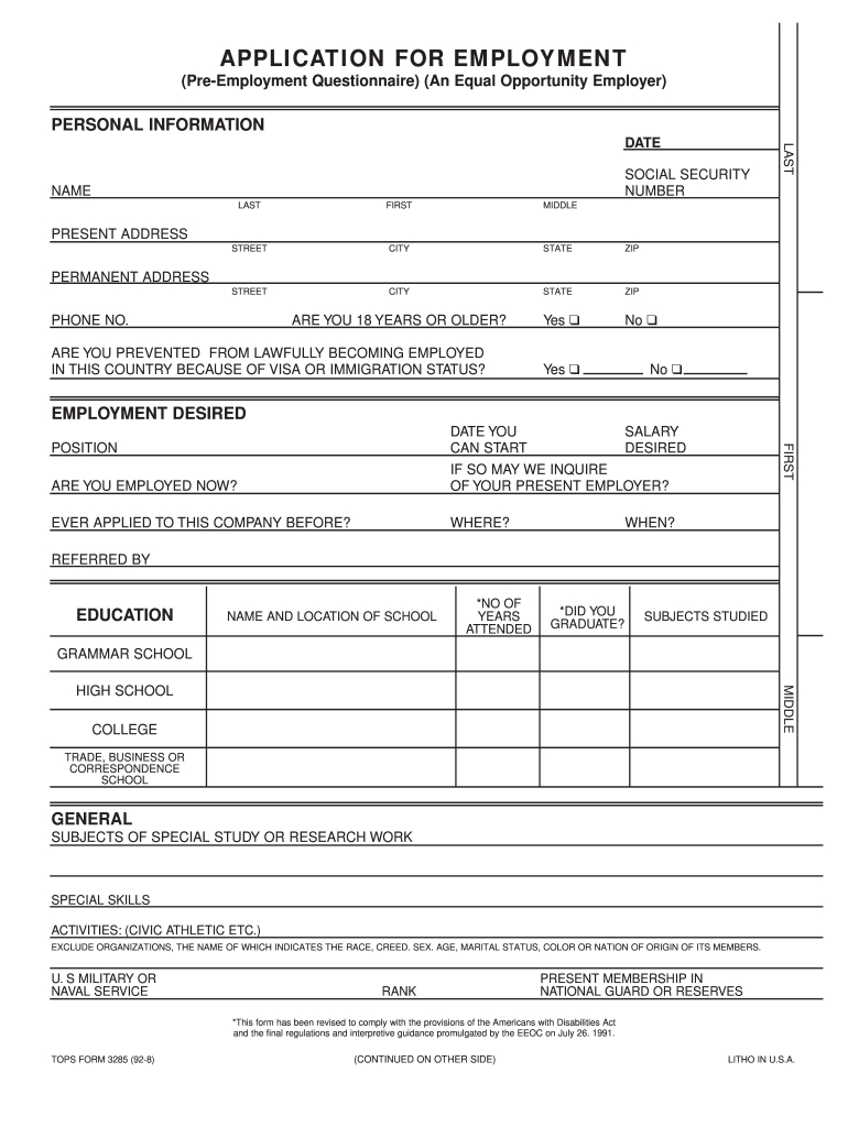 Litho Tops Form 3285 - Fill Online, Printable, Fillable, Blank in Free Printable Job Application Templates