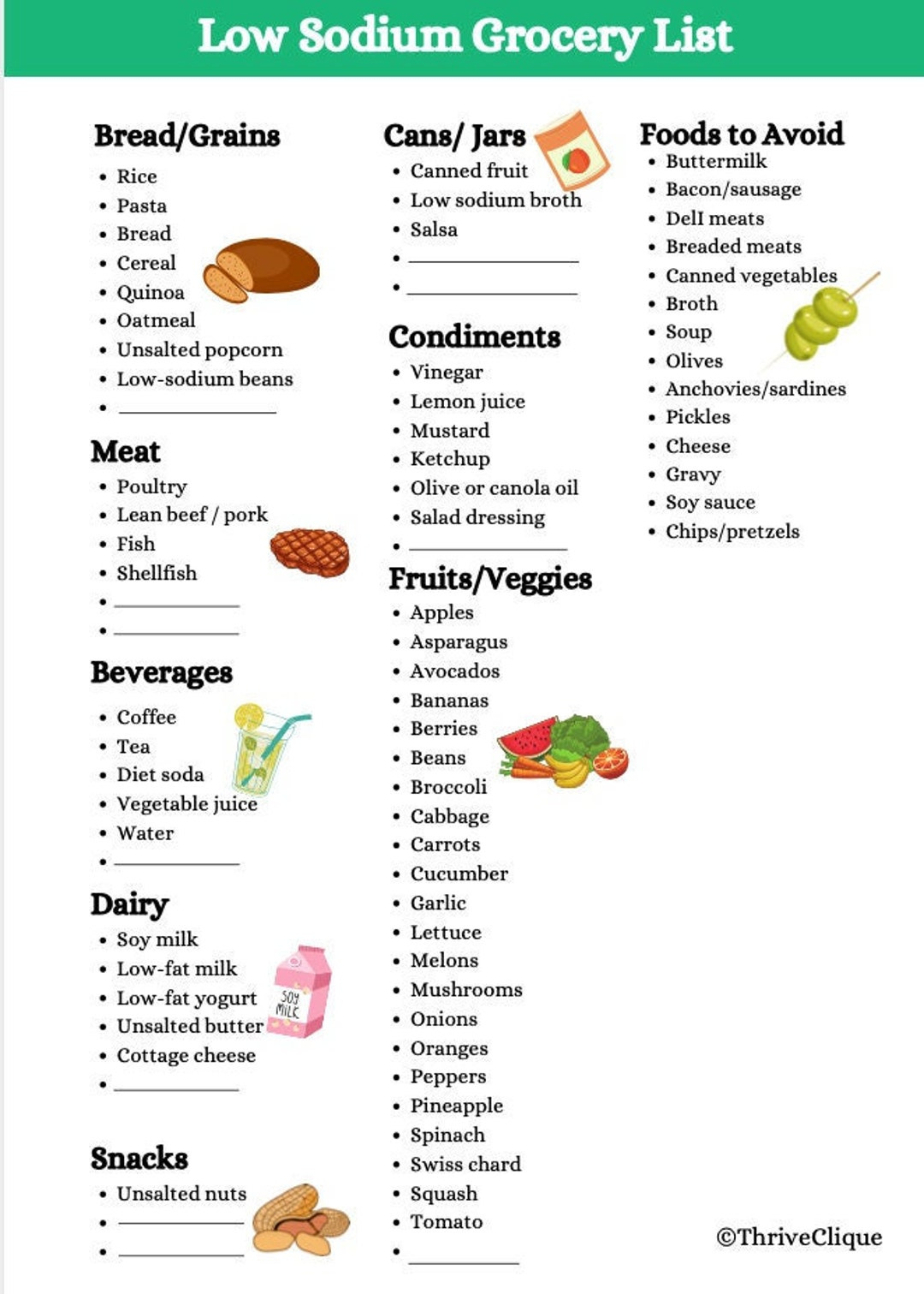Low Sodium Grocery List | Low Sodium Diet | Low Sodium Food List for Free Printable Low Sodium Food List