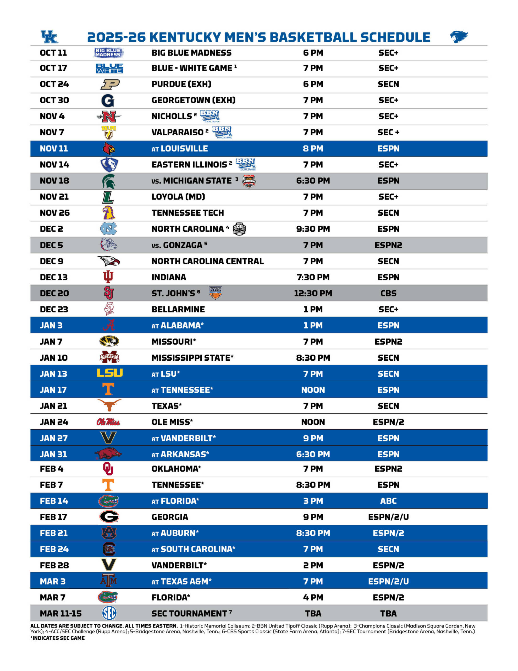 Men'S Basketball Announces 2025-26 Finalized Schedule pertaining to Kentucky Wildcats Basketball Schedule Printable