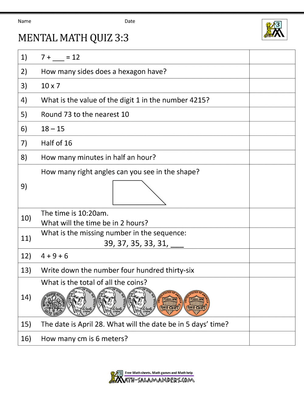 Mental Math 3Rd Grade within 3rd Grade Assessment Test Printable Free
