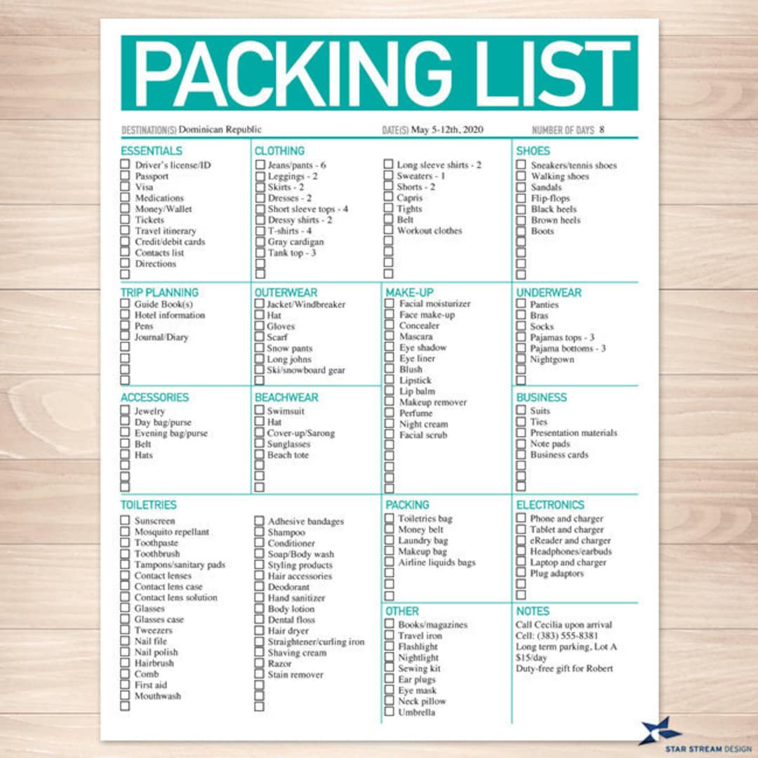 Modern Bright Aqua Printable Packing List, 8.5"X11", Editable Pdf, Instant Download Checklist - Etsy.de regarding Beach Vacation Packing List Printable