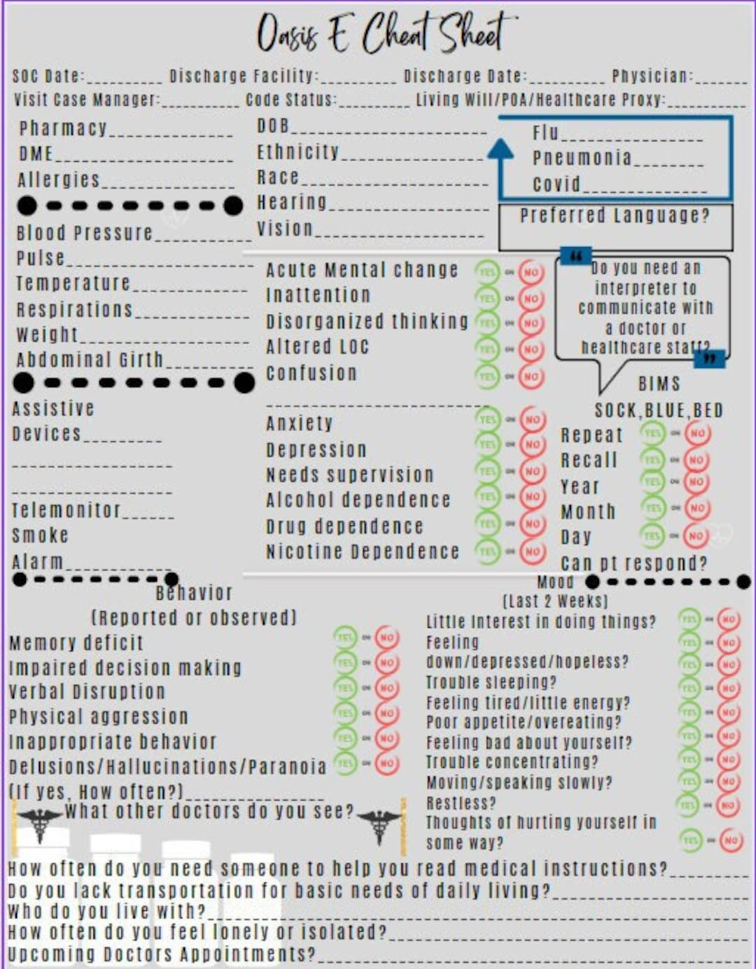 Oasis E Cheat Sheet For Home Health - Etsy intended for Printable Oasis Assessment Cheat Sheet