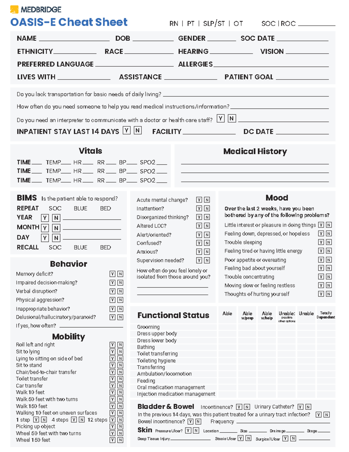 Oasis-E Cheat Sheet For Rn | Pt | Slp/St | Ot - Patient Assessment intended for Printable Oasis Assessment Cheat Sheet