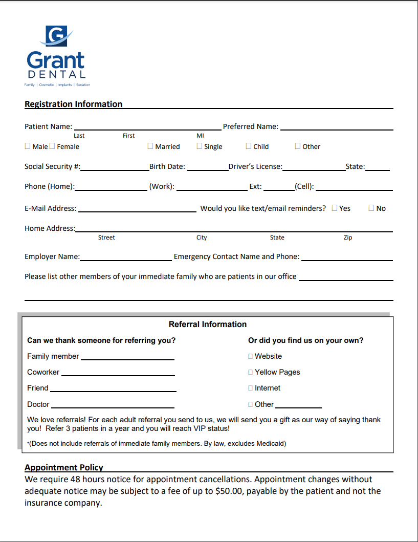 Printable Patient Forms | Grant Dental with regard to Free Printable Dental Health History Forms