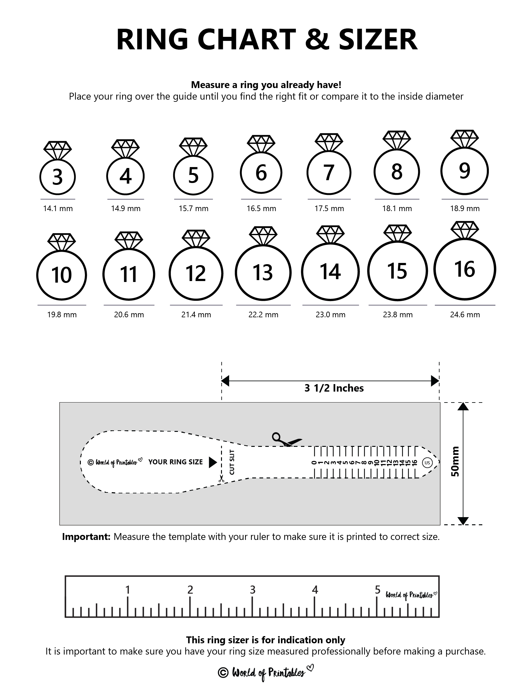 Printable Ring Size Chart - Find Your Ring Size Easy - World Of pertaining to Free Printable Ring Sizer Strip