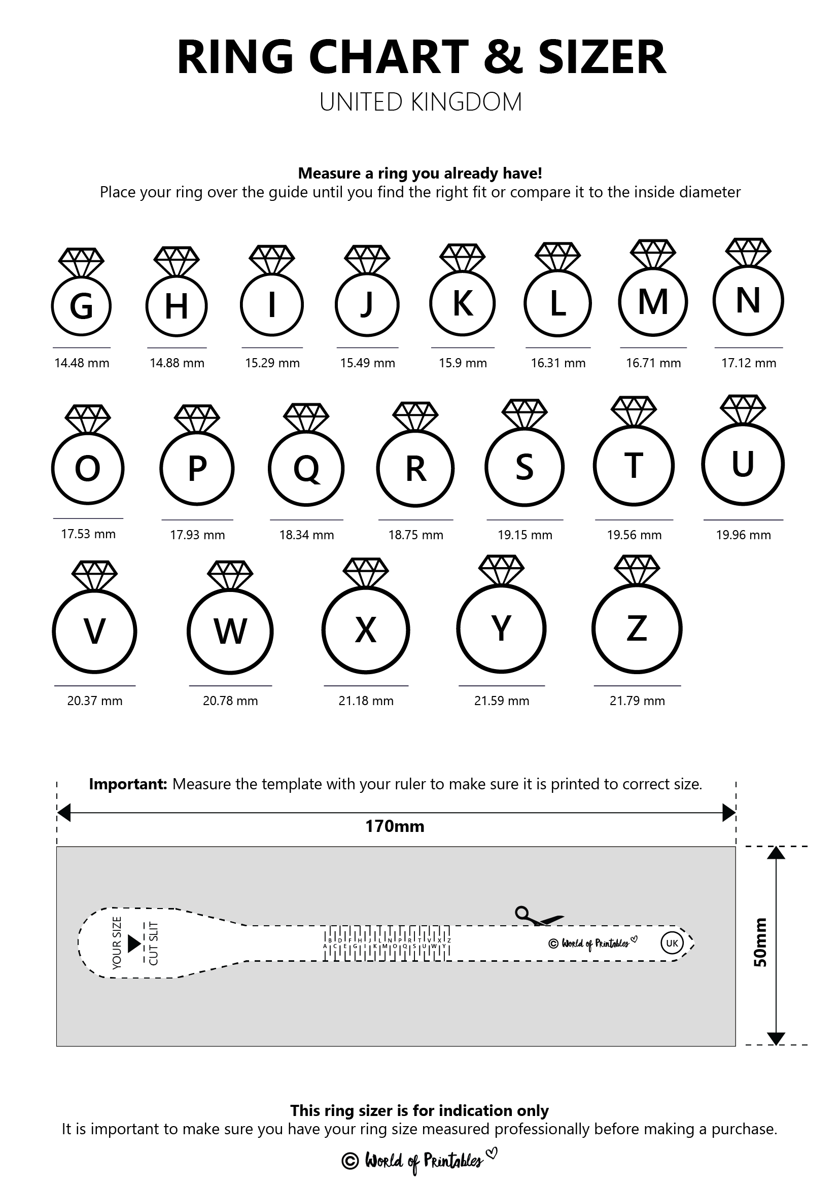 Printable Ring Size Chart - Find Your Ring Size Easy - World Of with regard to Free Printable Ring Sizer Strip