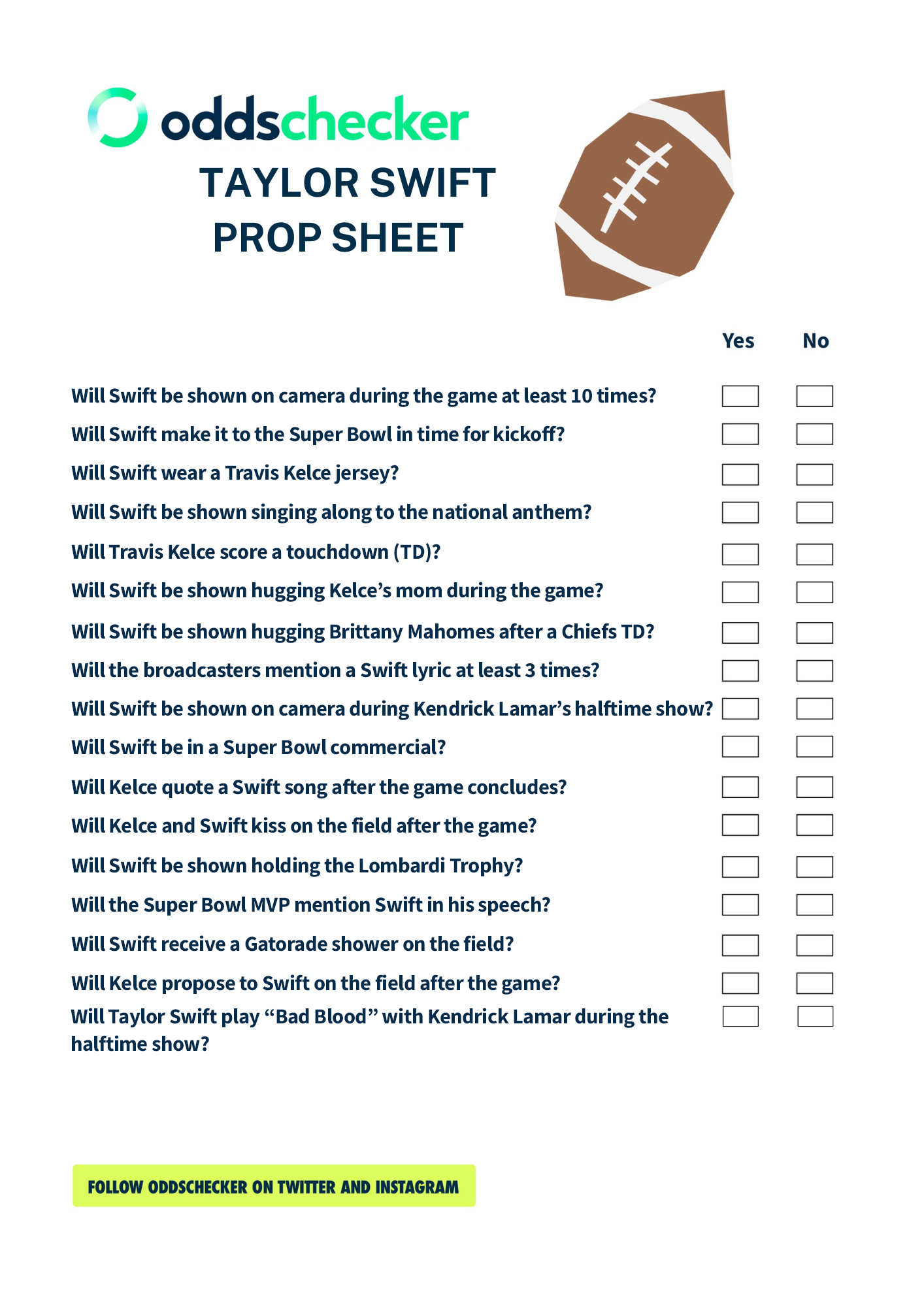 Printable Taylor Swift Super Bowl Prop Sheet: Super Bowl 58 Prop within Printable Super Bowl Prop Bets