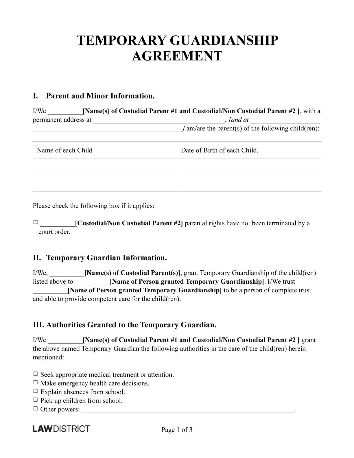 Printable Temporary Guardianship Form | Free Pdf & Word | Lawdistrict within Notarized Printable Temporary Guardianship Agreement Form