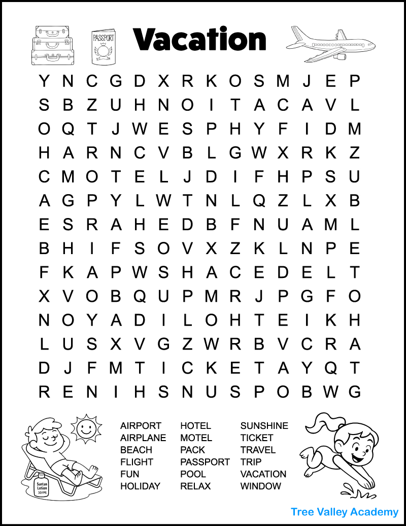 Printable Vacation Word Search For Kids - Tree Valley Academy throughout Printable Word Searches For 3Rd Graders