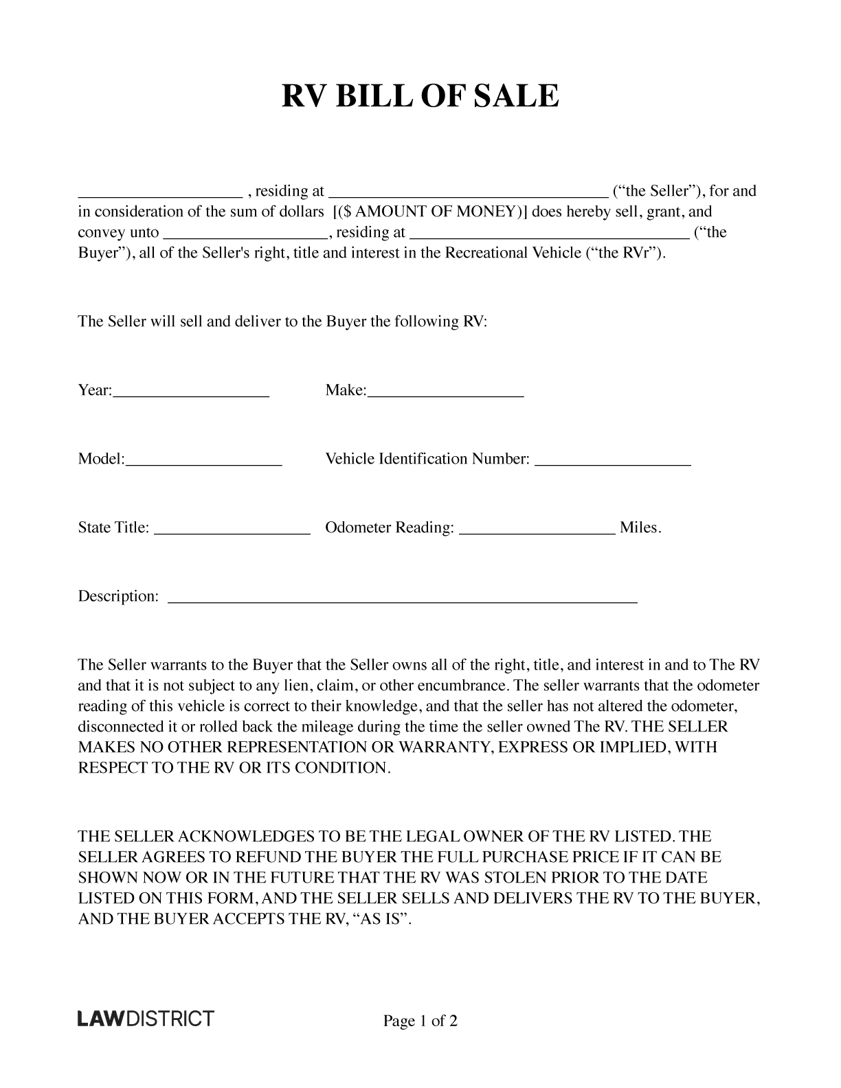 Recreational Vehicle (Rv) Bill Of Sale Form | Lawdistrict with Printable Bill of Sale Camper