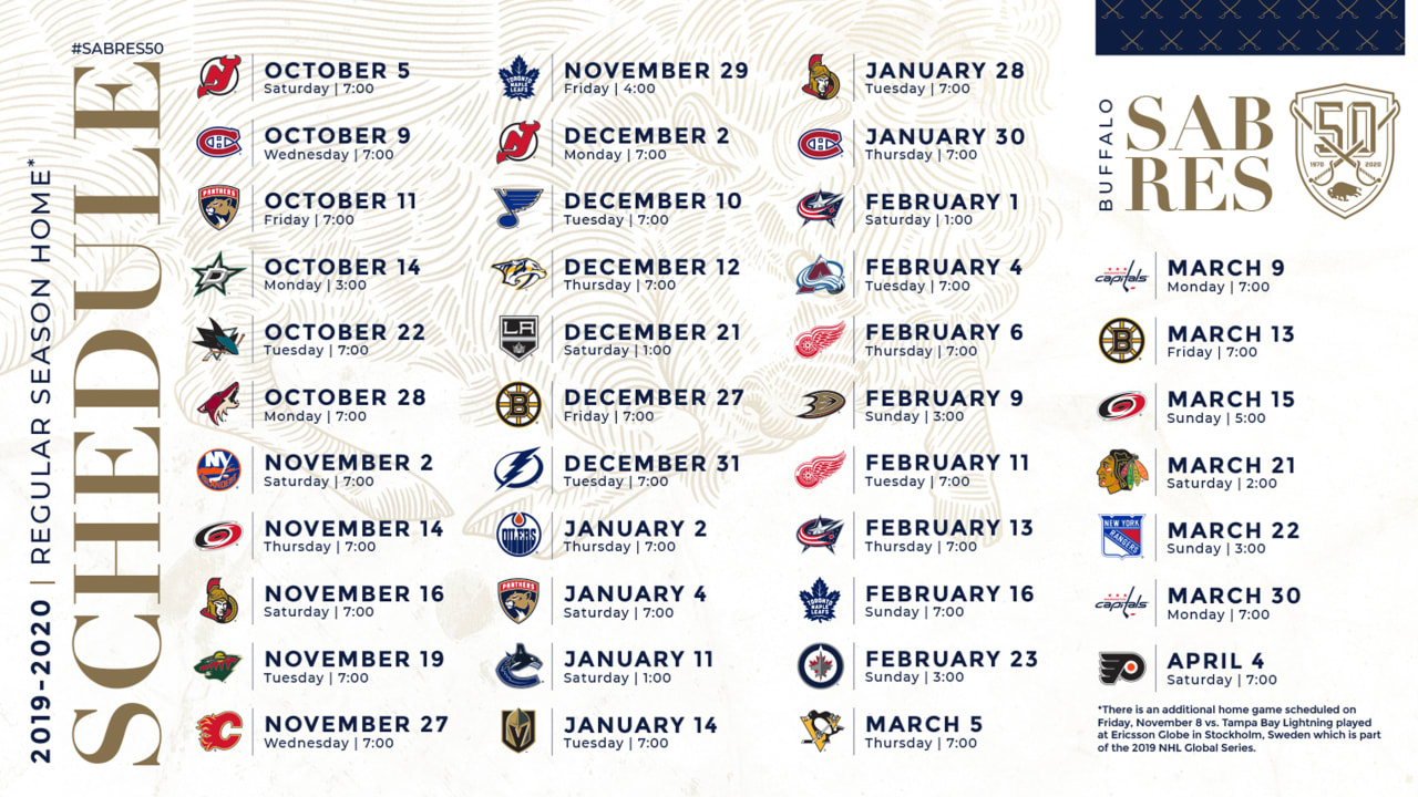 Sabres Announce 2019-20 Regular-Season Schedule | Buffalo Sabres with Buffalo Sabres Home Schedule Printable