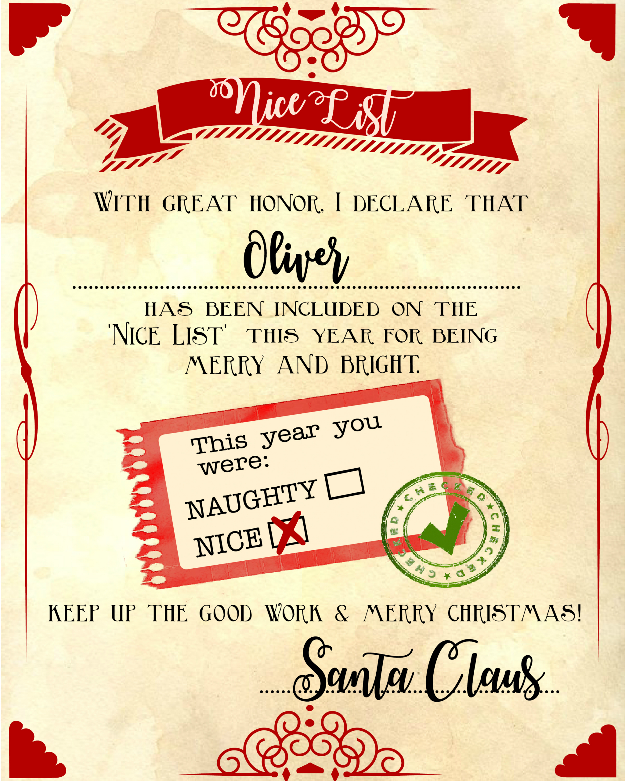 Santa "Nice List" Free Printable Certificate pertaining to Naughty and Nice List Printable