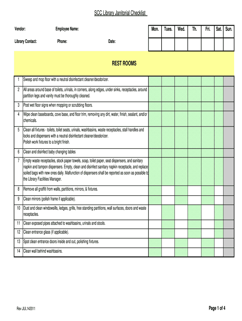Scc Library Janitorial Checklist Form - Fill Online, Printable with Commercial Cleaning Free Printable Janitorial Checklist Template