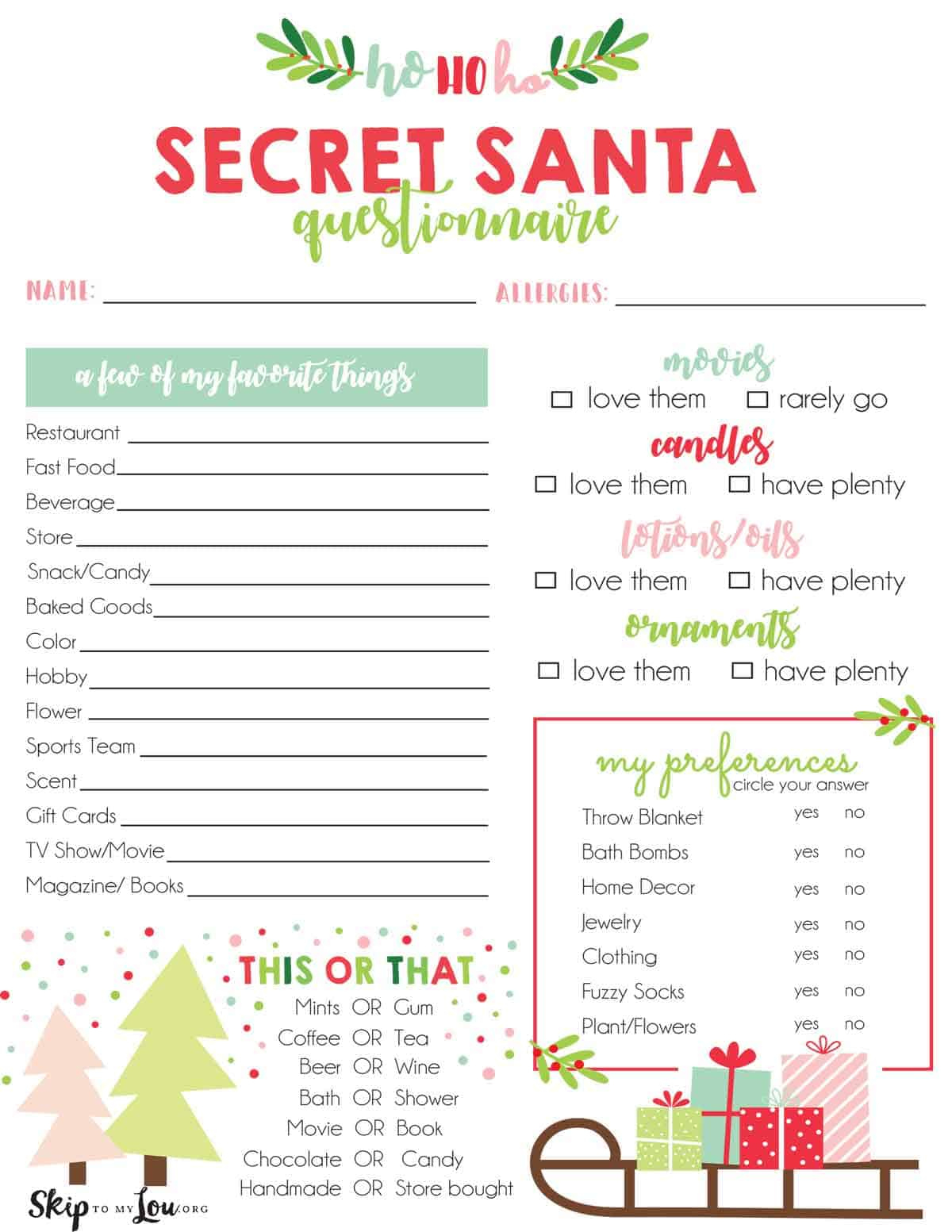Secret Santa Questionnaire | Skip To My Lou within Free Printable Secret Santa Questionnaire Form For Adults