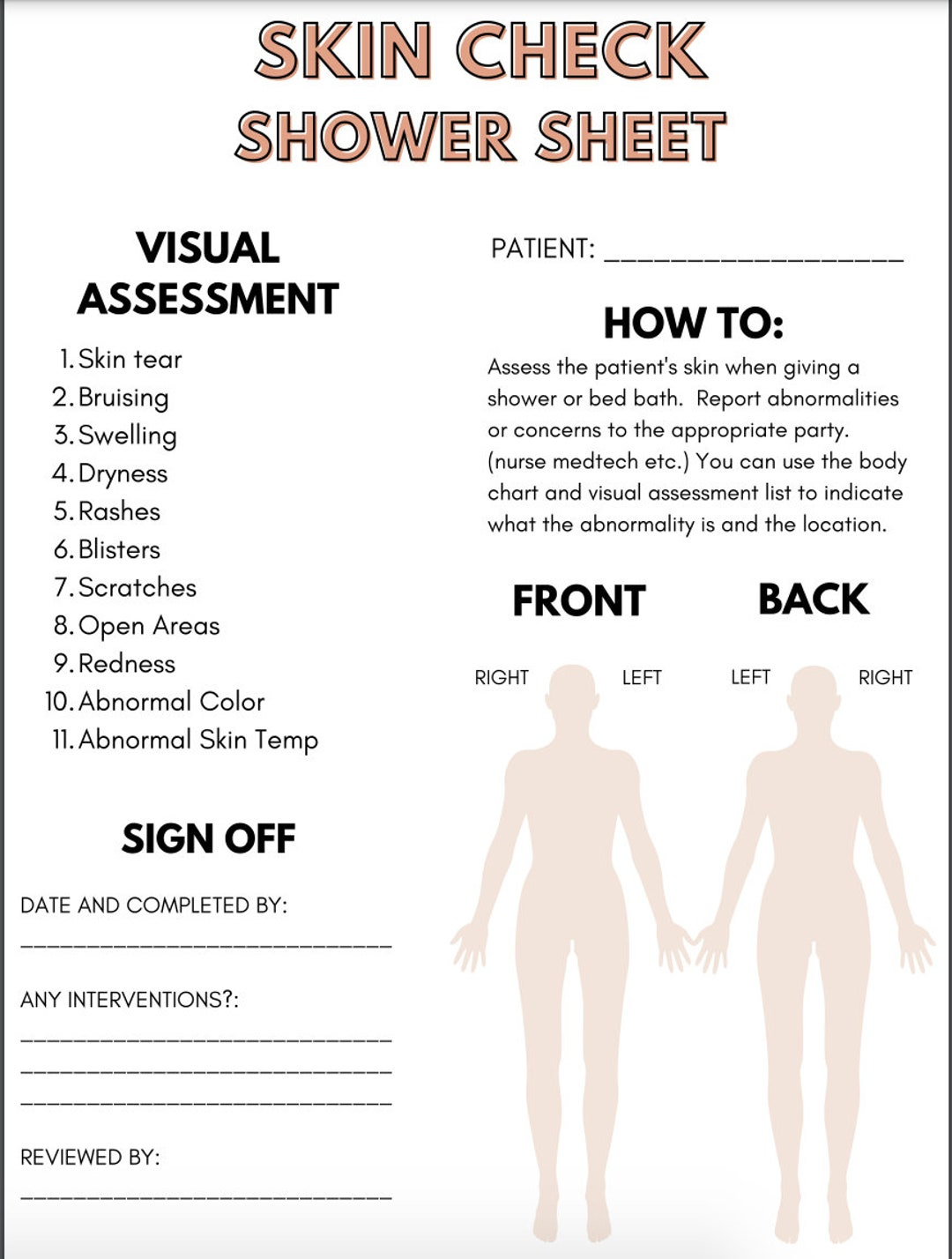 Skin And Shower Assessment Sheet, Great For New Grads, Snf/ Al And with regard to Free Printable Shower Sheets For Cna