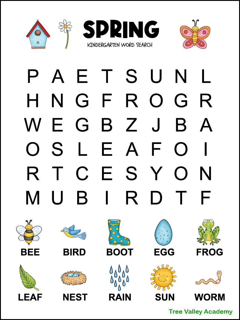 Spring Word Search For Kindergarten - Tree Valley Academy in Kindergarten Word Search Printable Free