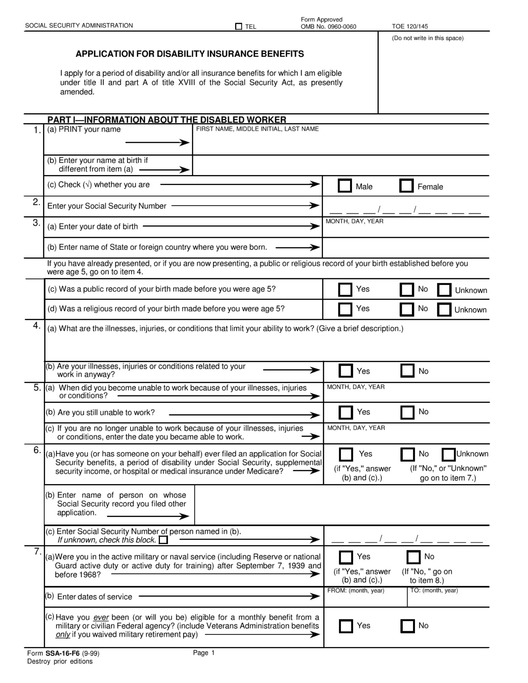 Ssa 16 F6 Form ≡ Fill Out Printable Pdf Forms Online in Social Security Disability Forms Printable
