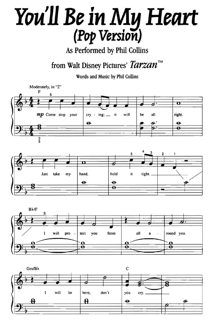 Tarzan You'Ll Be In My Heart Easy Piano Sheet Music | Easy Sheet Music in Easy Piano Music Free Printable
