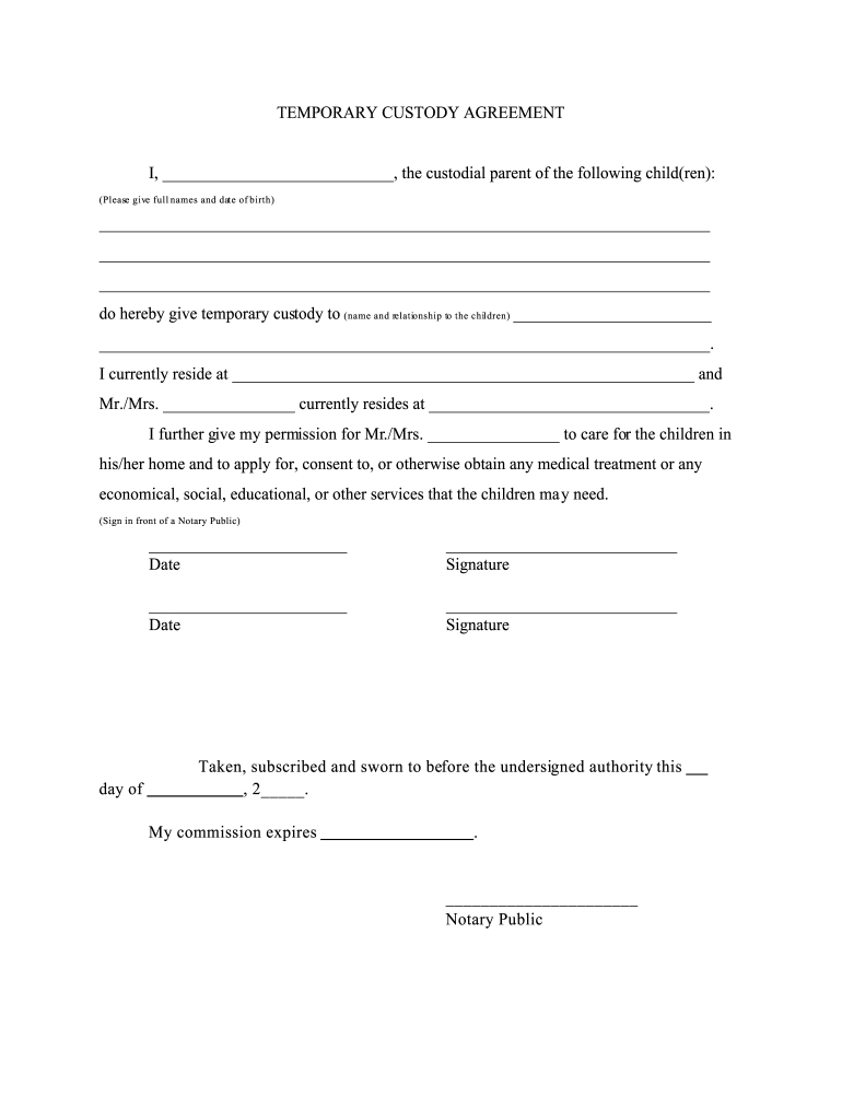Temporary Custody Agreement Form - Fill Online, Printable within Free Printable Guardianship Forms
