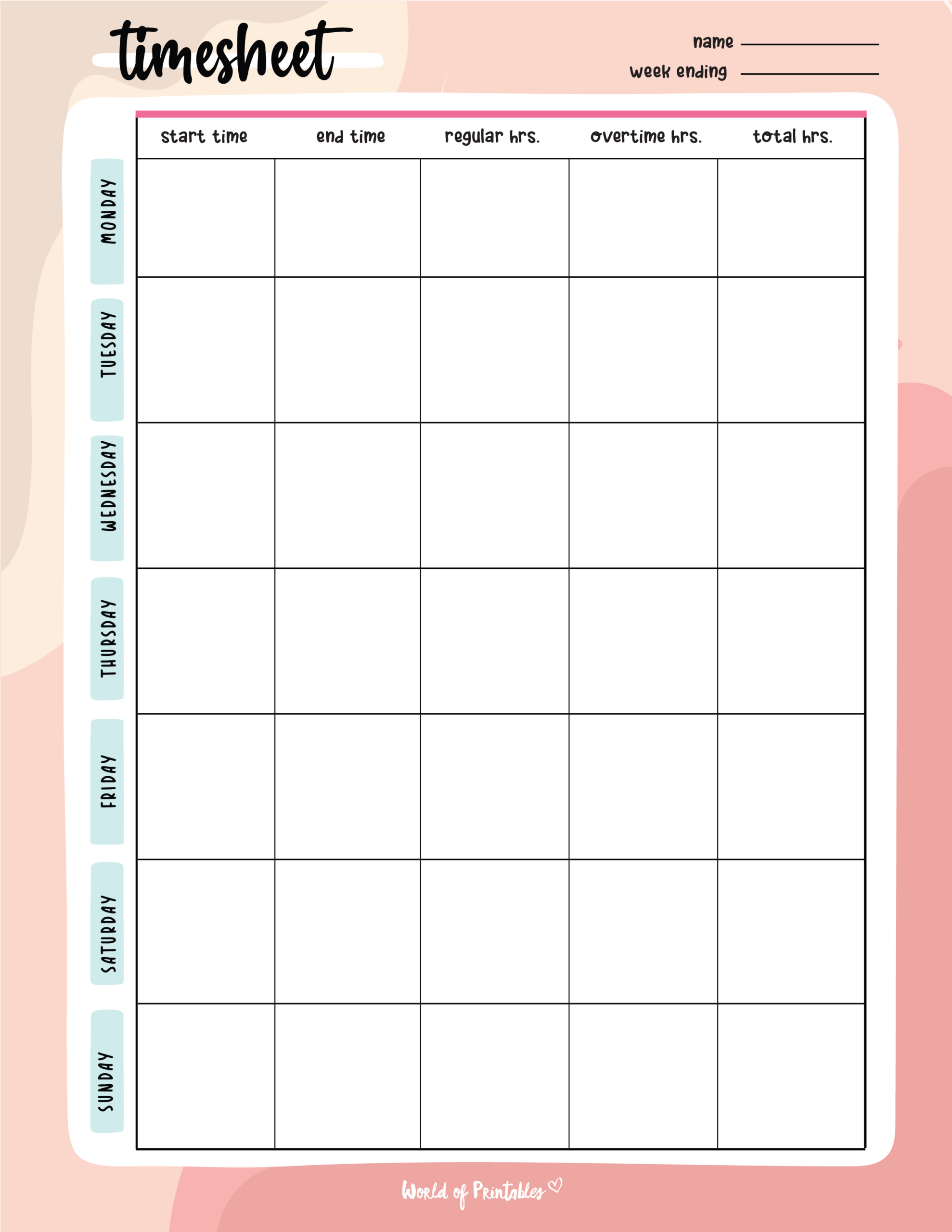 Timesheet Templates - World Of Printables with regard to Free Printable Time Sheets Weekly